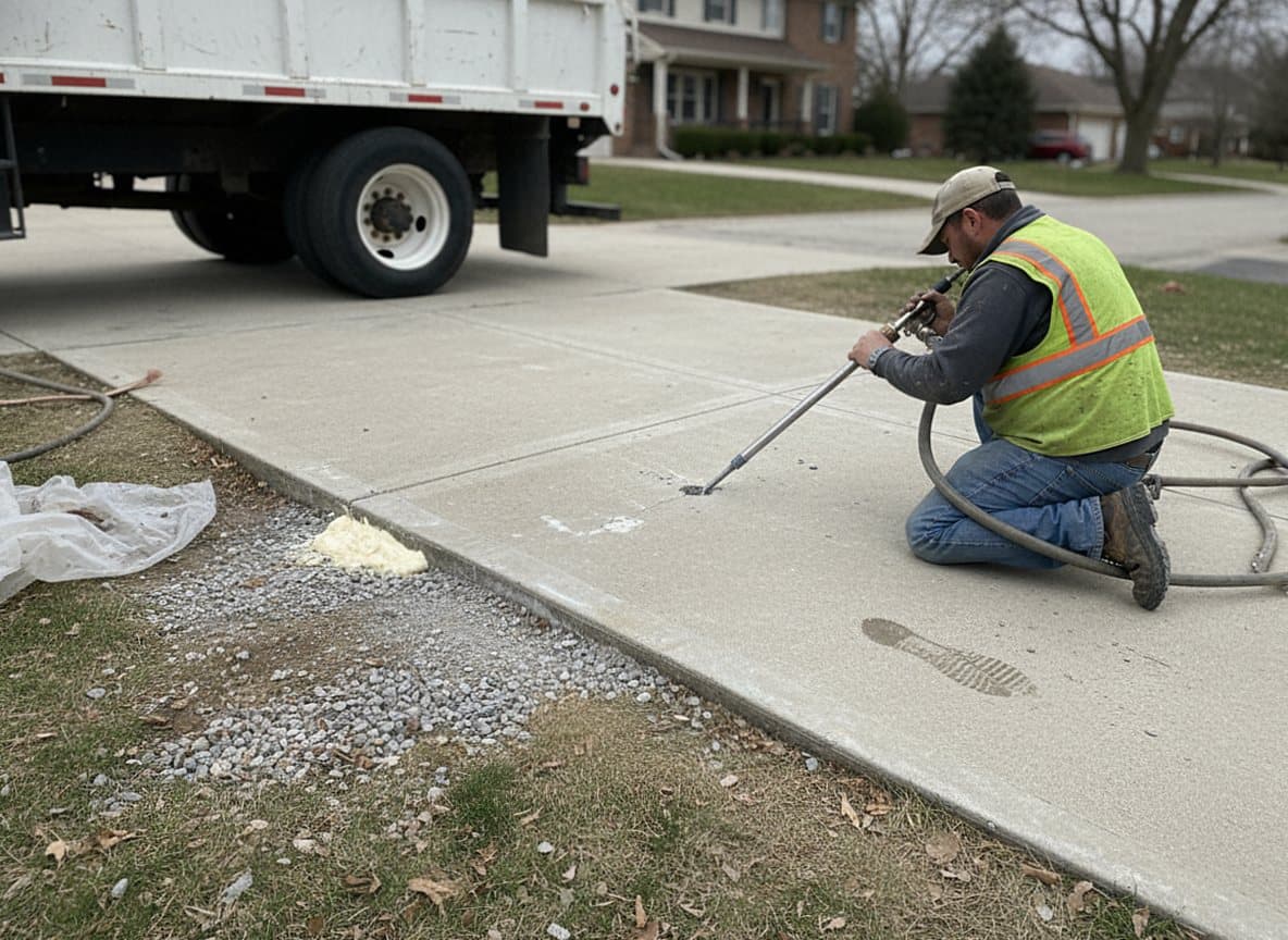 Worker injecting polyurethane foam beneath a settled slab.