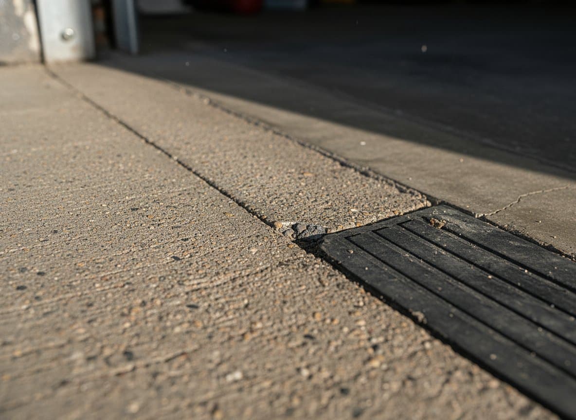 Resurfaced driveway meeting a garage threshold ramp.