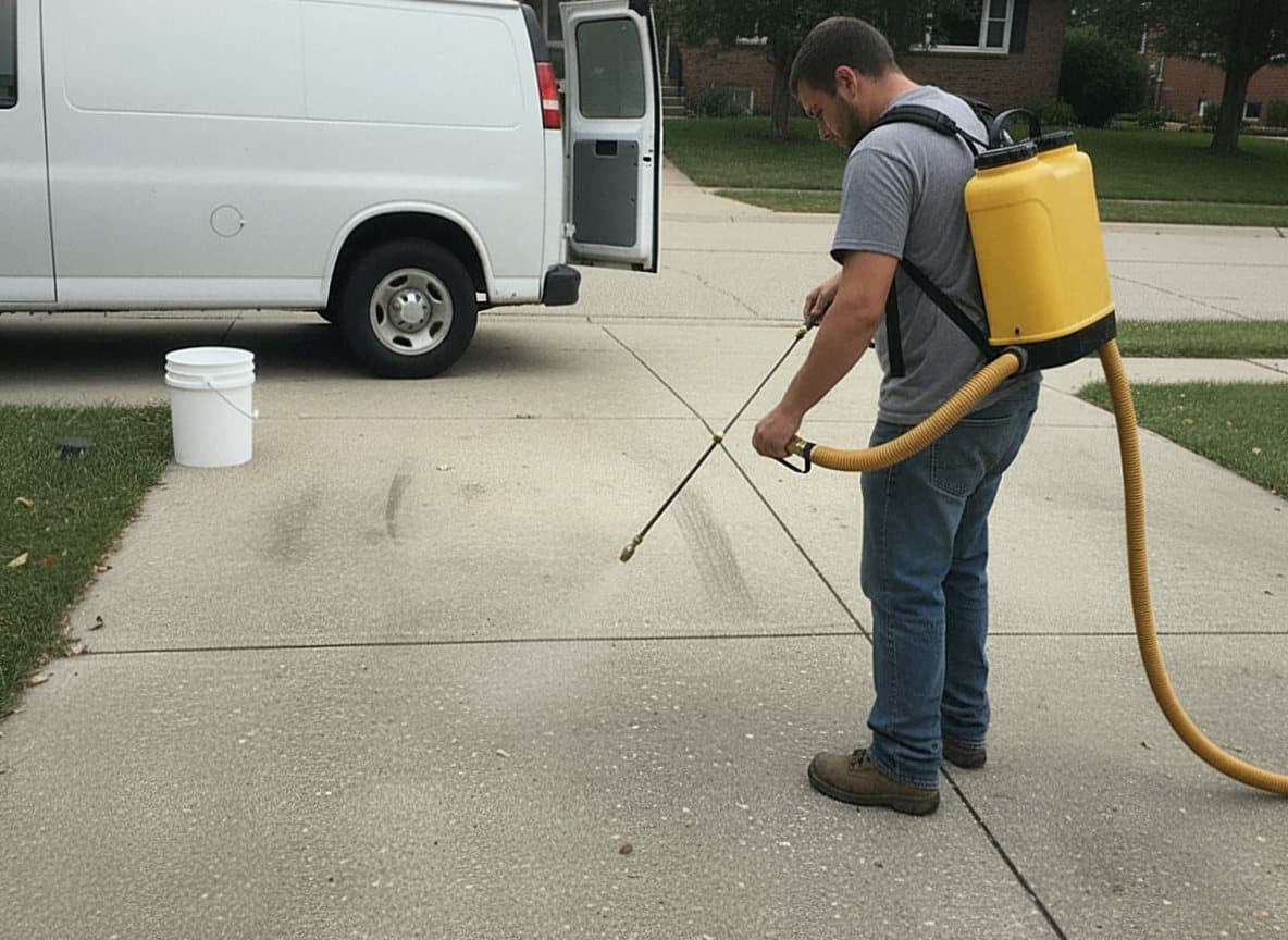 Worker applying sealer with a backpack sprayer outdoors.