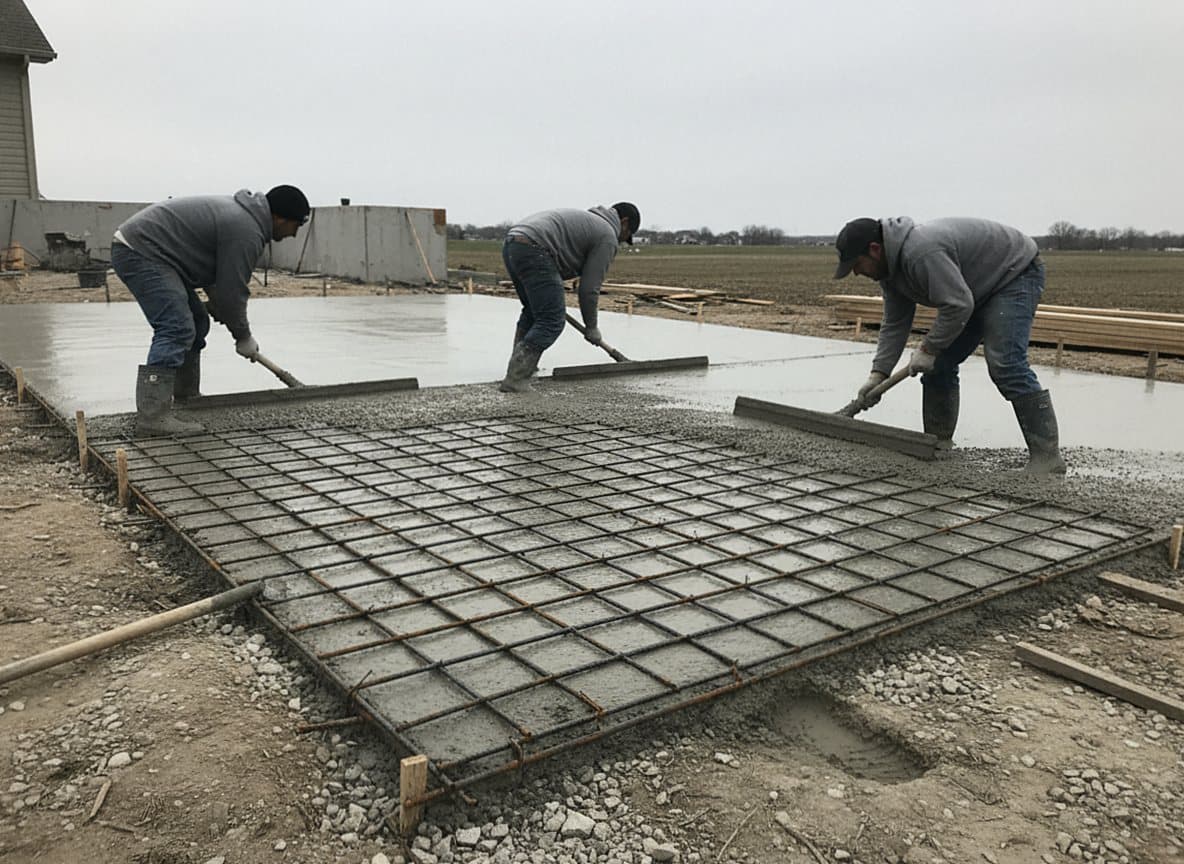 Crew floating fresh concrete over a steel rebar grid.