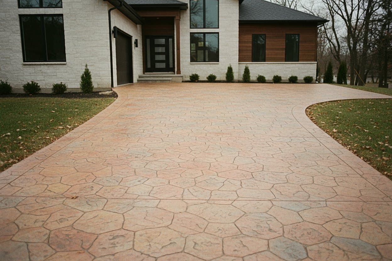 Wide stamped concrete driveway before a modern home.